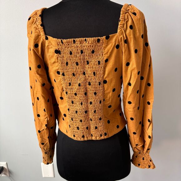 Madewell Corduroy Polka Dot Puff Sleeve Button-Up Top in Caramel Size 6 - Picture 3 of 9